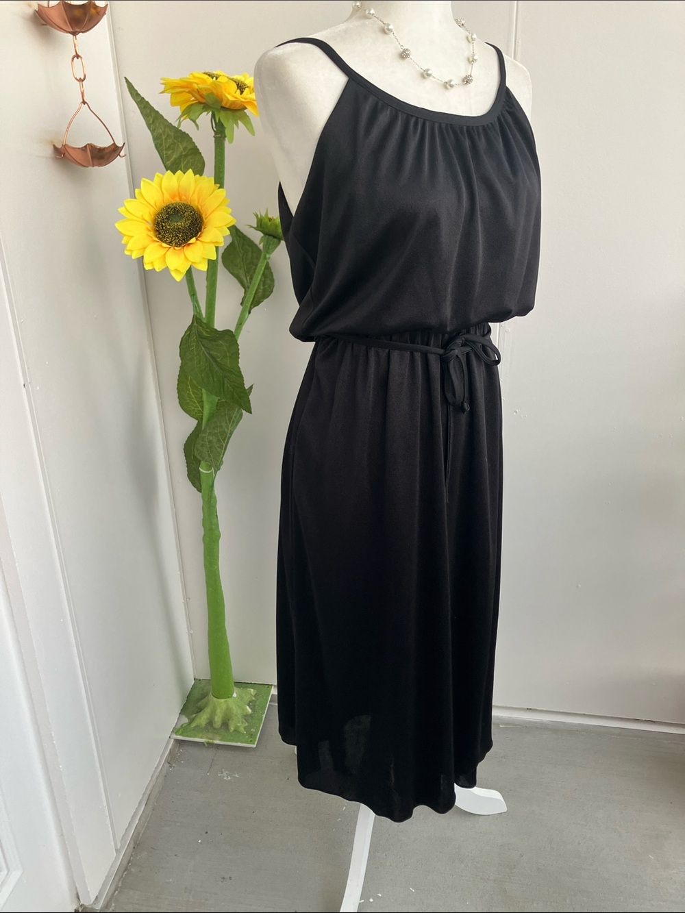 Vintage 70s Solid Black Spaghetti Strap Blousy Draped Midi Little Black Dress